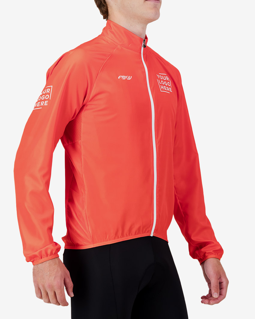 Side view of the Mens Semi Custom Atom cycling Jacket in a solid flame colour Enjoy.cc