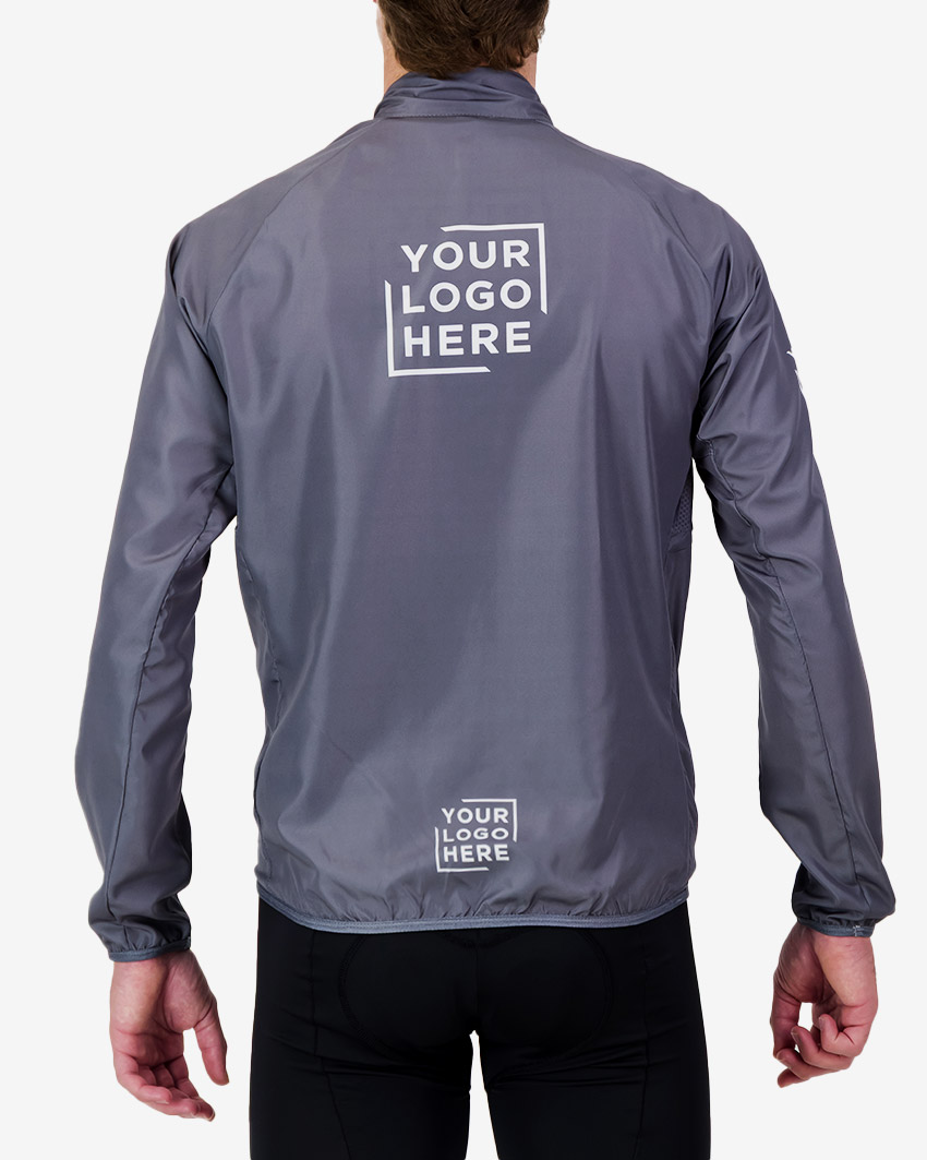 Back view of the Mens Semi Custom Atom cycling Jacket in a solid grey colour Enjoy.cc