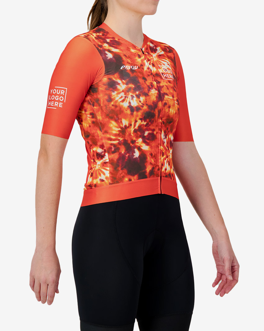 Side view of the Womens Semi Custom Proxision cycling jersey in a flame tie-dye design Enjoy.cc