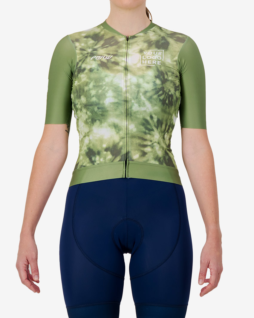 Front view of the Womens Semi Custom Proxision cycling jersey in an olive tie-dye design Enjoy.cc