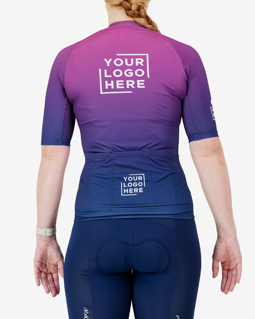 Back view of the Womens Semi Custom Supremium cycling jersey in a Purple gradient design Enjoy.cc