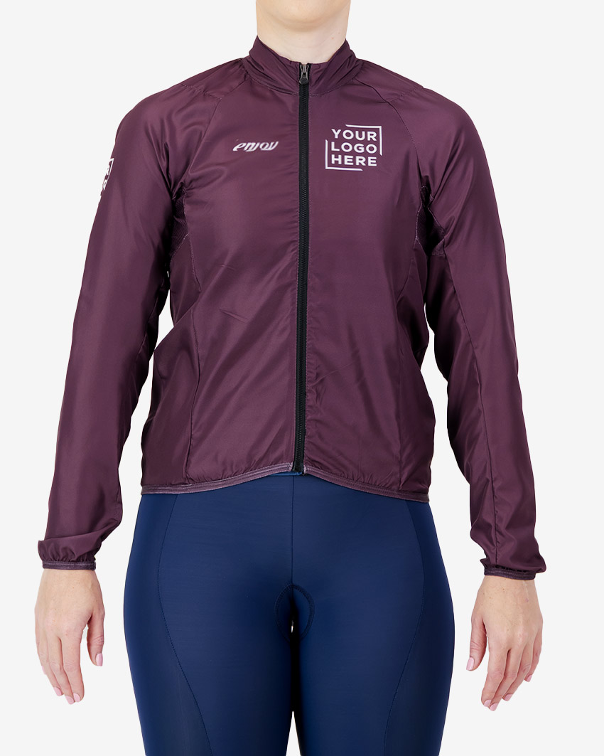 Front view of the Womens Semi Custom Atom cycling Jacket in a solid berry colour Enjoy.cc