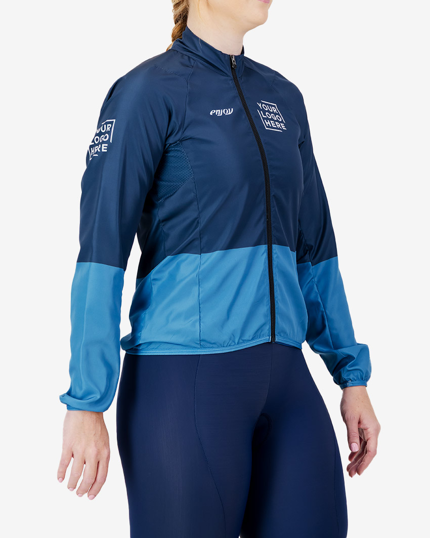Side view of the Womens Semi Custom Atom cycling Jacket in a blue duo tone design Enjoy.cc
