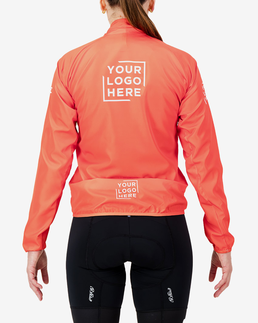 Back view of the Womens Semi Custom Atom cycling Jacket in a solid flame colour Enjoy.cc