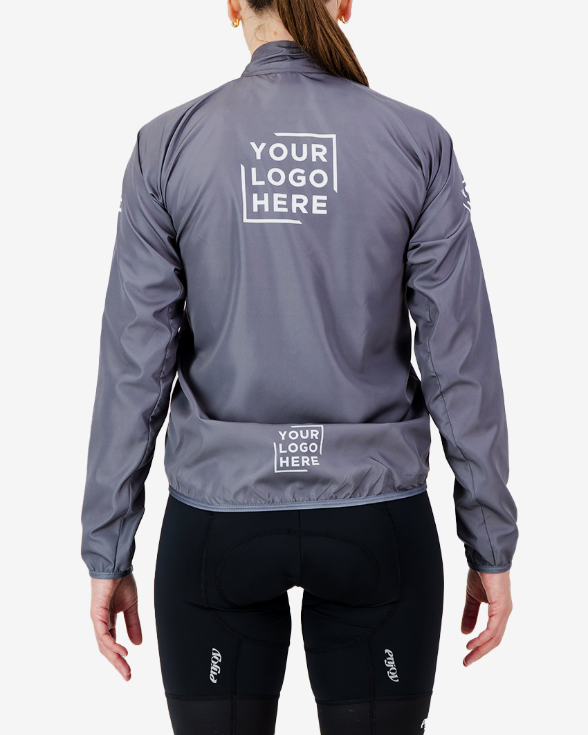 Back view of the Womens Semi Custom Atom cycling Jacket in a solid grey colour Enjoy.cc