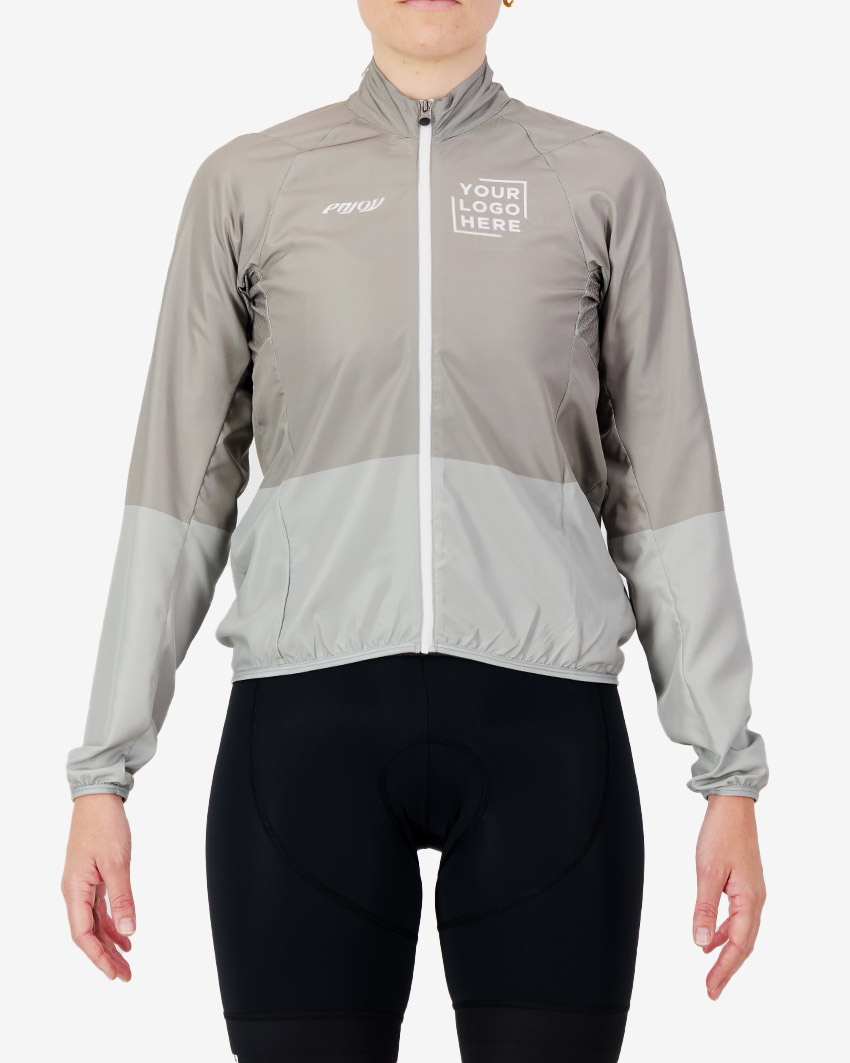 Front view of the Womens Semi Custom Atom cycling Jacket in a putty duo tone design Enjoy.cc