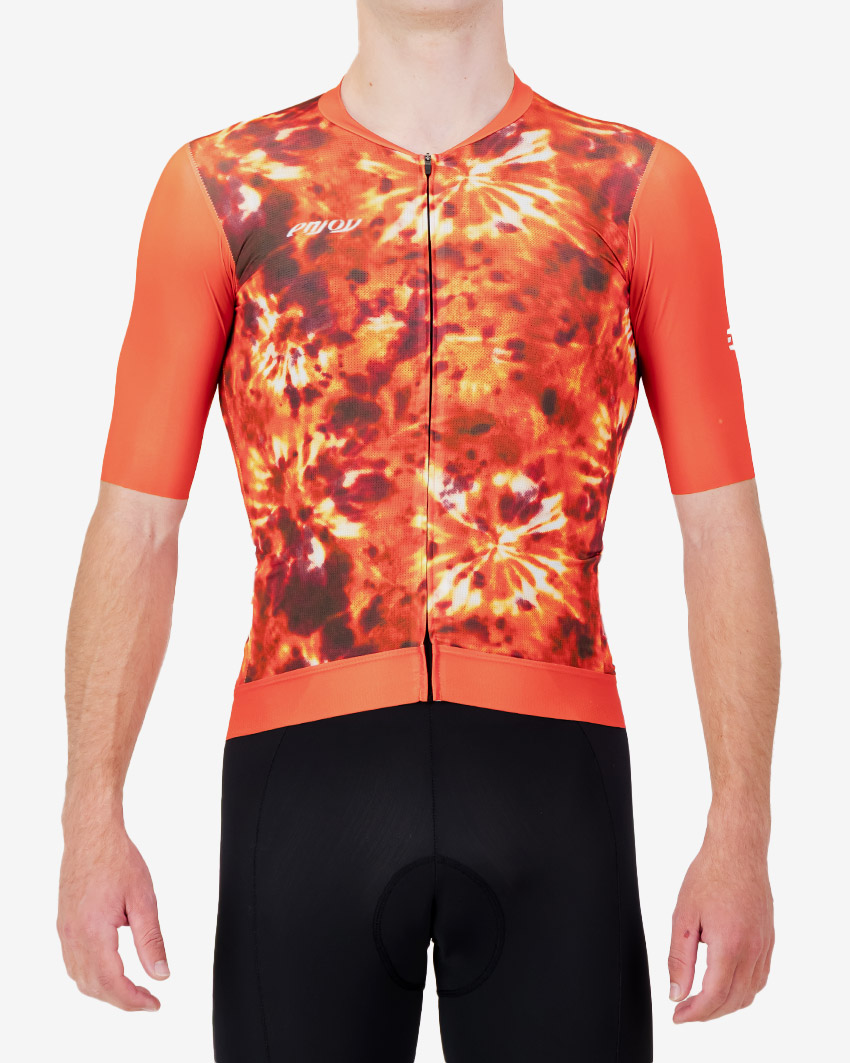 Mens-Cycle-Jersey-ProXision-Tie-Dye-Flame-Front Front view of the ProXision men's cycling jersey in a flame tie-dye design made by enjoy.cc