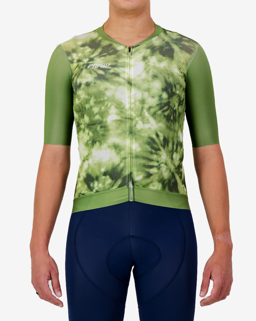 Mens-Cycle-Jersey-ProXision-Tie-Dye-Olive-Front Front view of the ProXision men's cycling jersey in a olive tie-dye design made by enjoy.cc