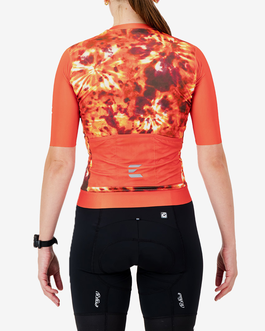 Back view of the ProXision women's cycling jersey in a flame tie-dye design made by enjoy.cc