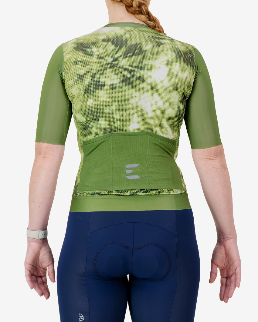 Back view of the ProXision women's cycling jersey in a olive tie-dye design made by enjoy.cc