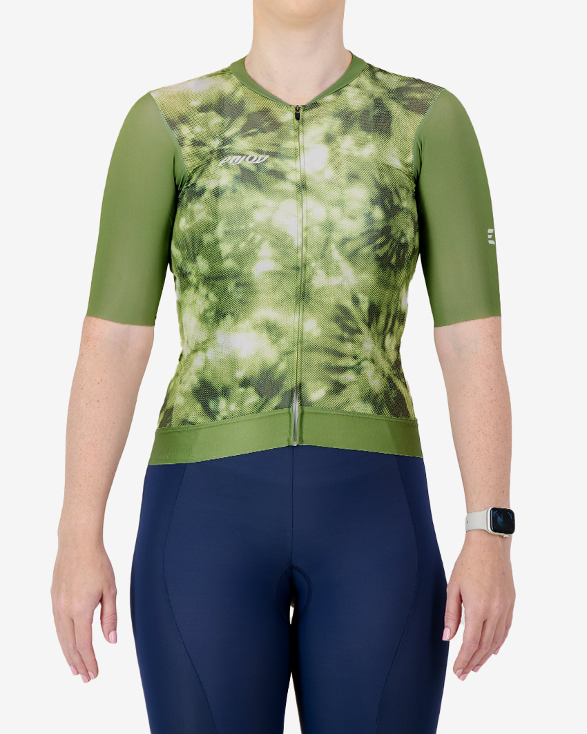 Womens-Cycle-Jersey-ProXision-Tie-Dye-Olive-Front Front view of the ProXision women's cycling jersey in a olive tie-dye design made by enjoy.cc