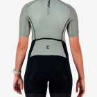 Back view of the women's sleeved triathlon suit in a green and black design made by enjoy.cc