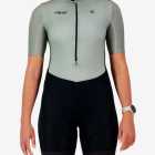 Front view of the women's sleeved triathlon suit in a green and black design made by enjoy.cc