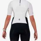 Back view of the women's sleeved triathlon suit in a black and white design made by enjoy.cc