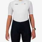 Front view of the women's sleeved triathlon suit in a black and white design made by enjoy.cc