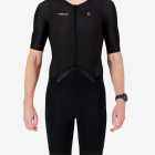 Front view of the men's sleeved triathlon suit in a minimal black design made by enjoy.cc