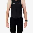 Front view of the men's sleeveless triathlon suit in a minimal black design made by enjoy.cc