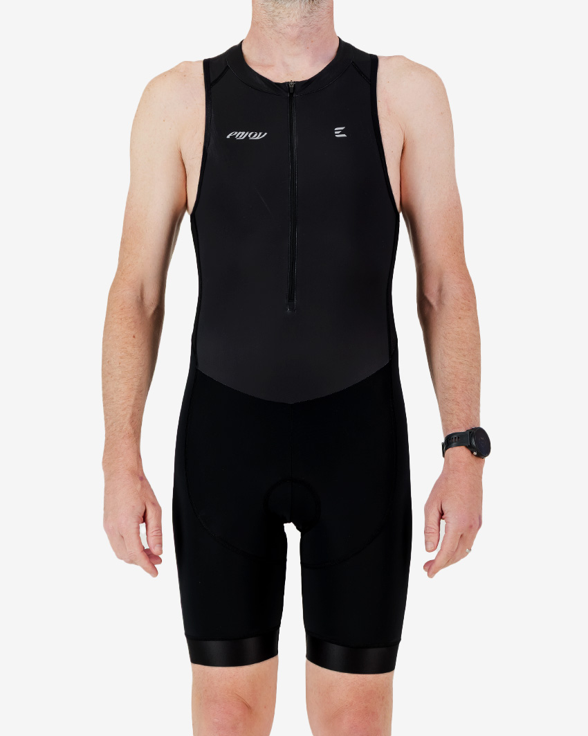 Mens-Trisuit-Sleeveless-Black-Front Front view of the men's sleeveless triathlon suit in a minimal black design made by enjoy.cc