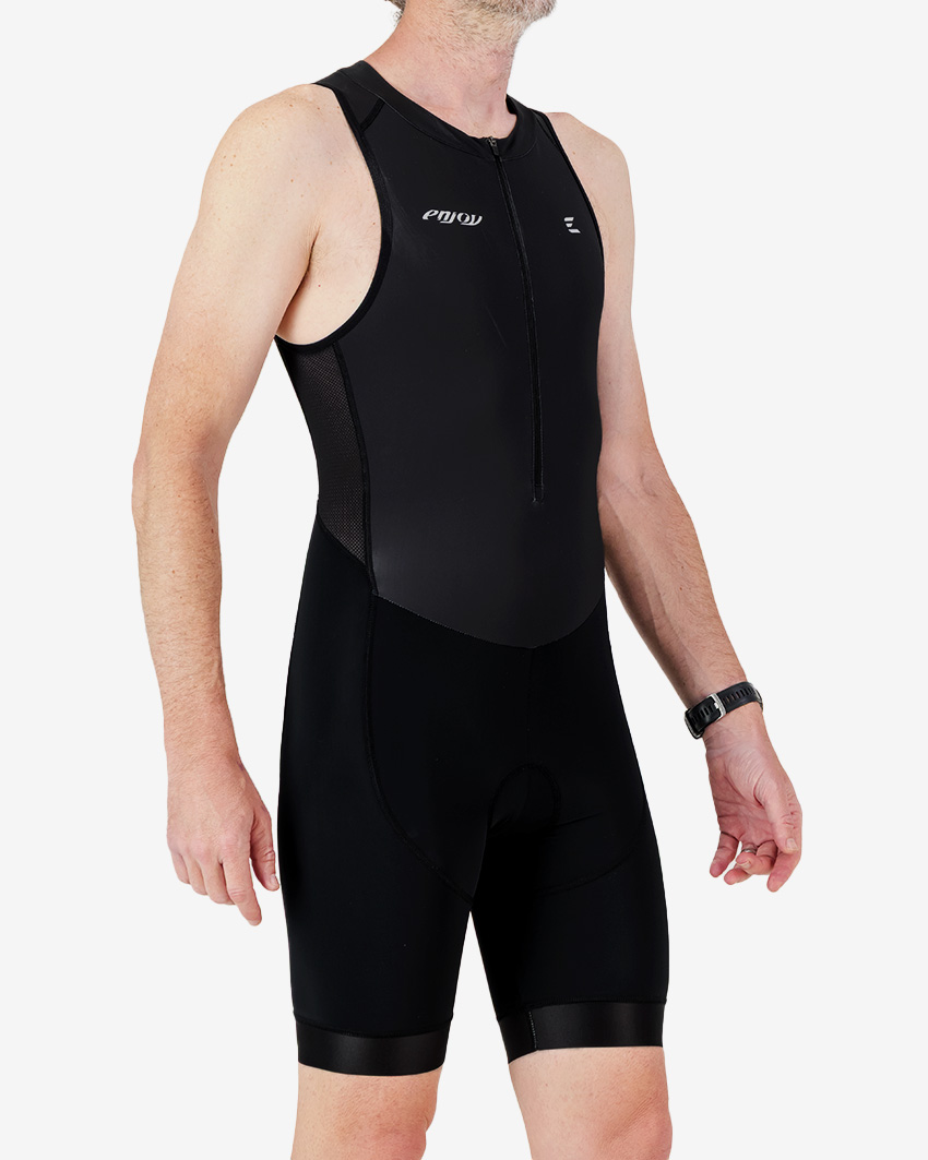 Side view of the men's sleeveless triathlon suit in a minimal black design made by enjoy.cc