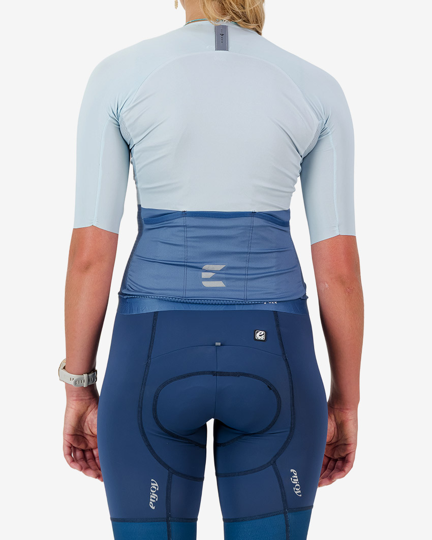 Back view of the Climber women's cycling jersey in a blue colour block design made by enjoy.cc