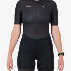 Front view of the women's sleeved triathlon suit in a minimal black design made by enjoy.cc