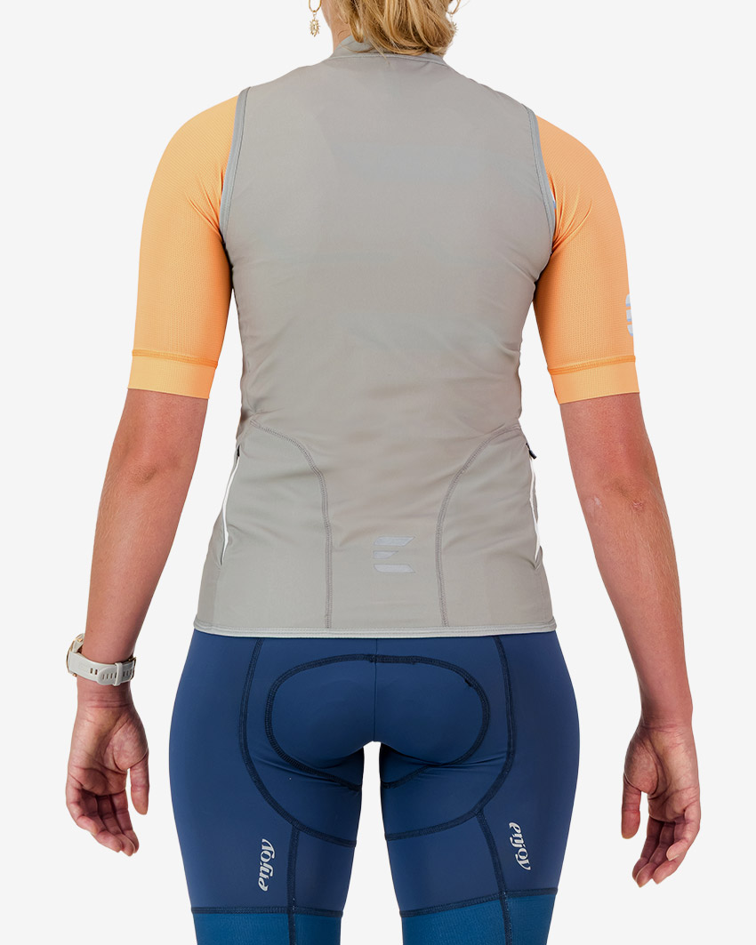Back view of the women's winter cycling gilet in a putty design made by enjoy.cc