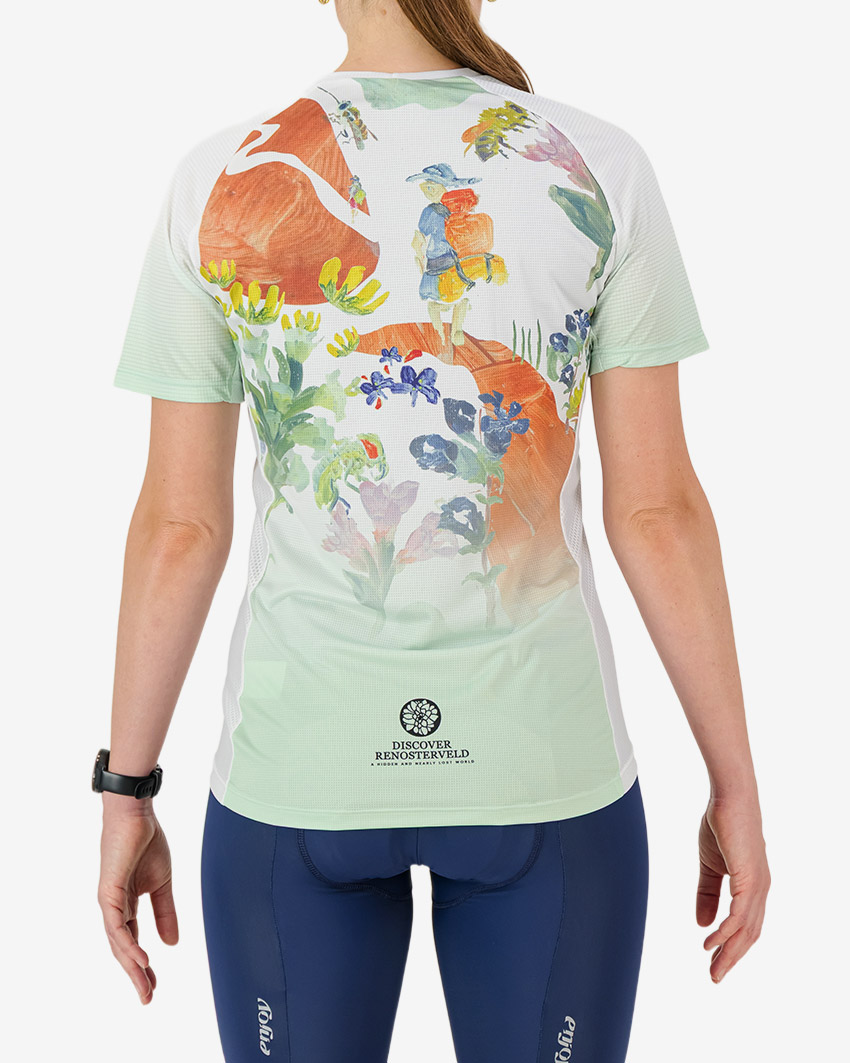 Back view of the Enjoy Mobilitee women's trail tee in the Bottelary Hills Conservancy design by Enjoy.cc