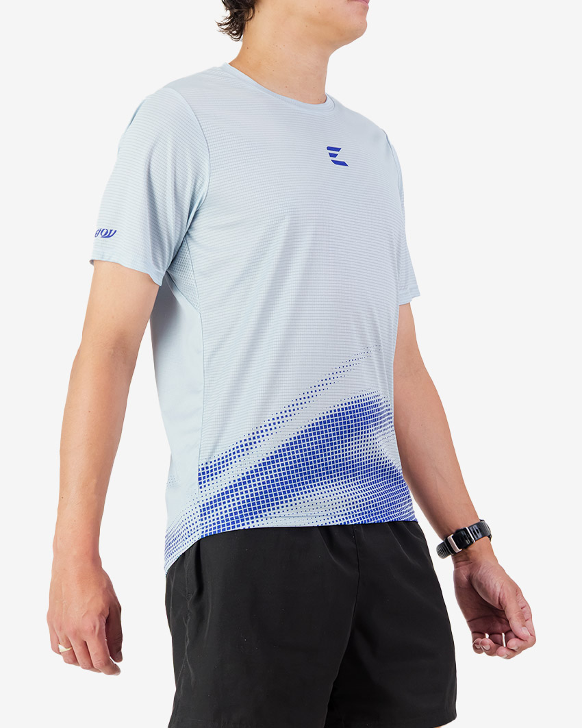 Side view of the Enjoy men's Activ Tee in Blue made by Enjoy.cc
