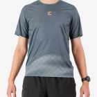 Front view of the Enjoy men's Activ Tee in Charcoal with bright orange branding. Suitable for gym, hiking, running and MTB. Designed and made in South Africa by Enjoy.cc