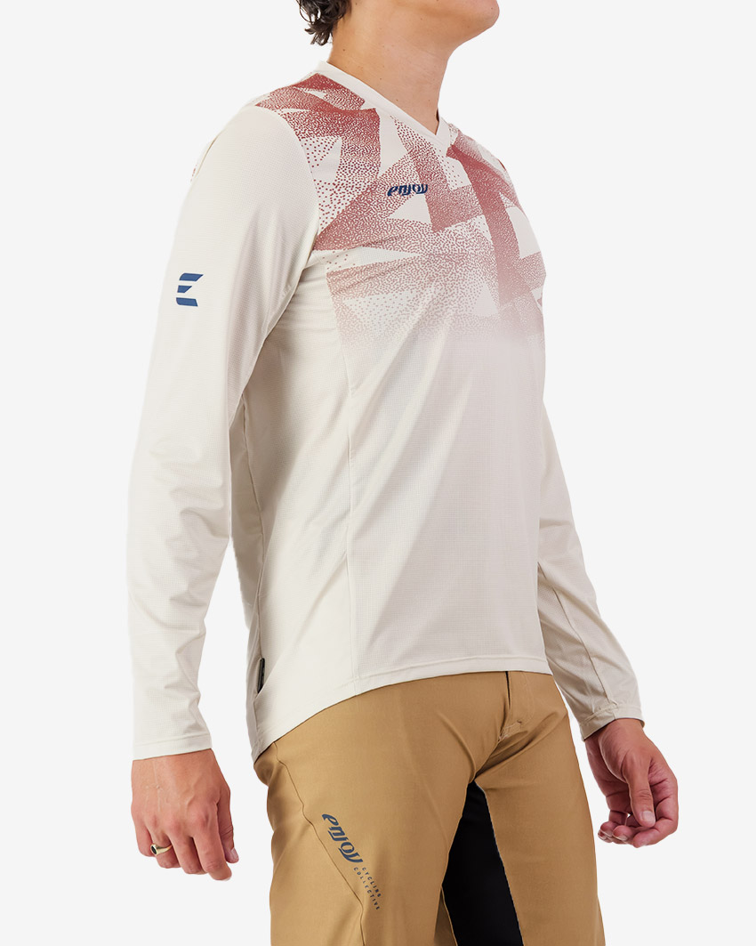 Side view of the Enjoy men's Enduro Long Sleeve Trail Tee in Beige made by Enjoy.cc