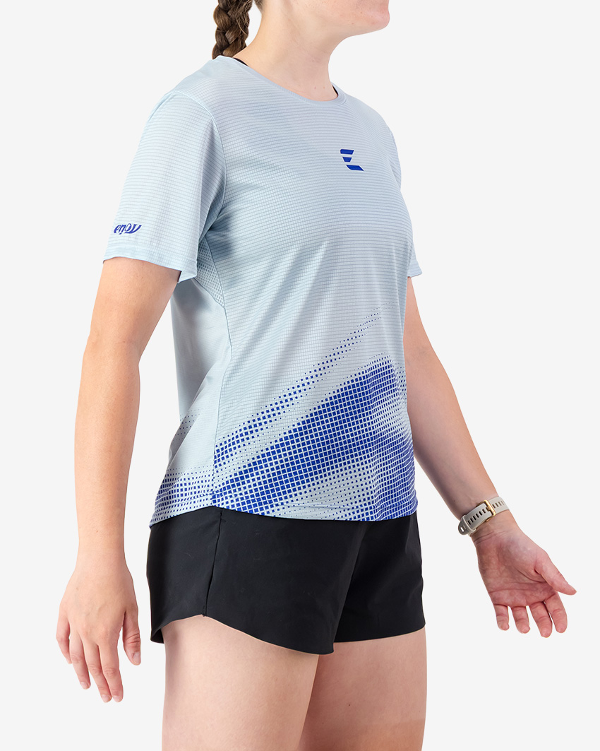 Side view of the Enjoy women's Activ Tee in Blue made by Enjoy.cc