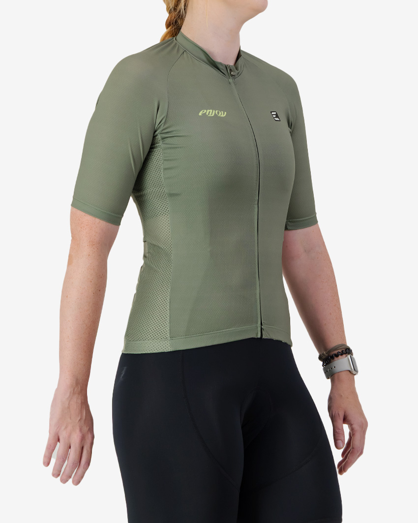 Side view of the Womens Supremium cycling jersey in a solid Olive colour way by Enjoy.cc