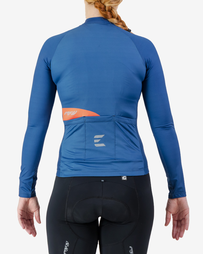 Back view of the Women's Supremium long sleeve cycling jersey in a solid Navy colour way by Enjoy.cc