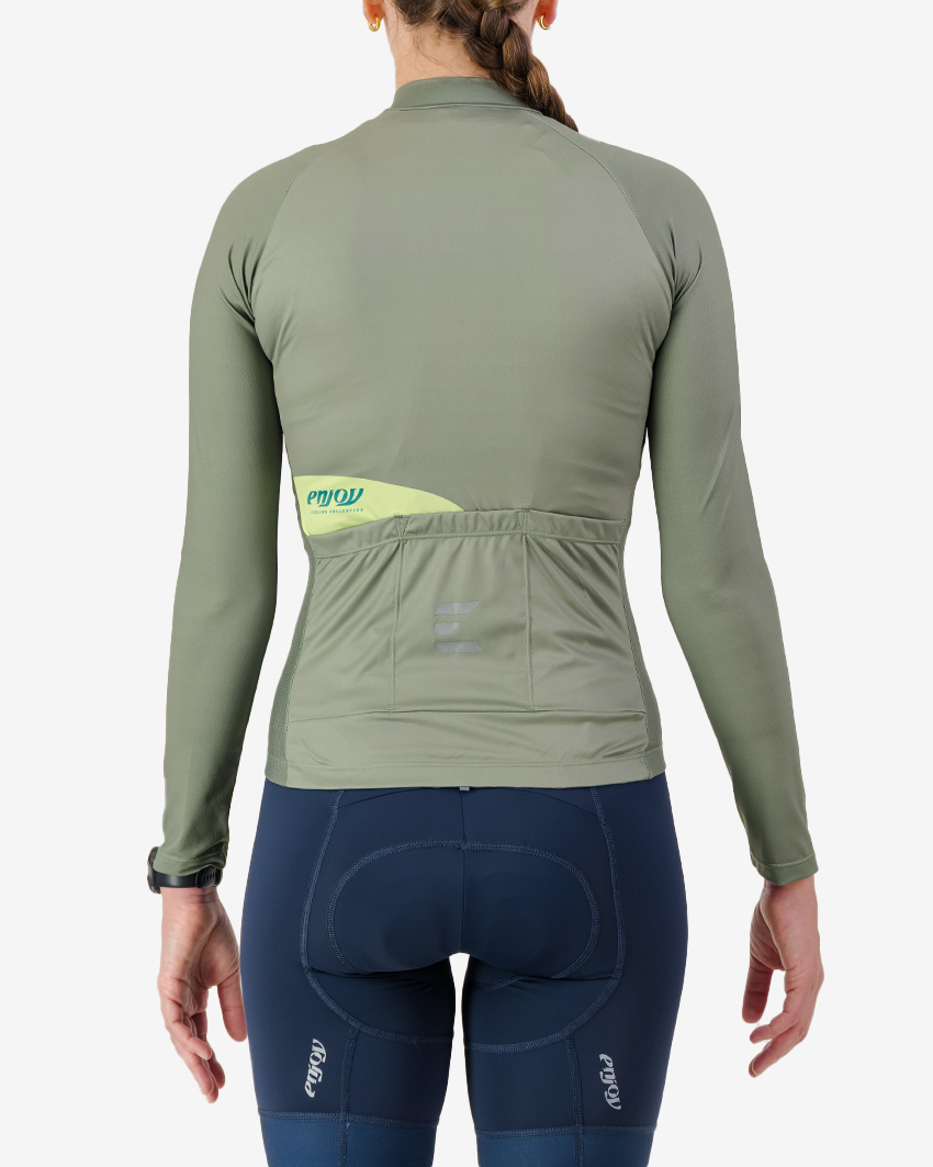 Back view of the Women's Supremium long sleeve cycling jersey in a solid Olive colour way by Enjoy.cc