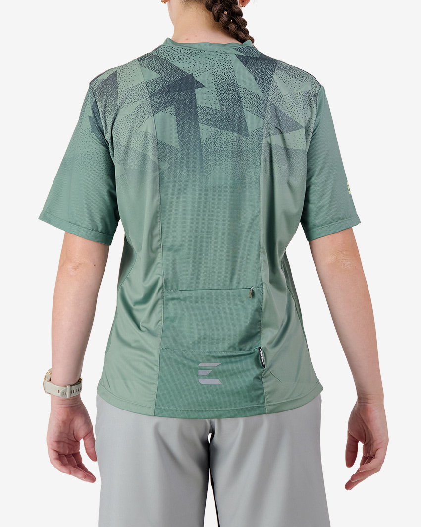 Back view of the Enjoy Women's Enduro Trail Tee in Green with reflective detailing made by Enjoy.cc