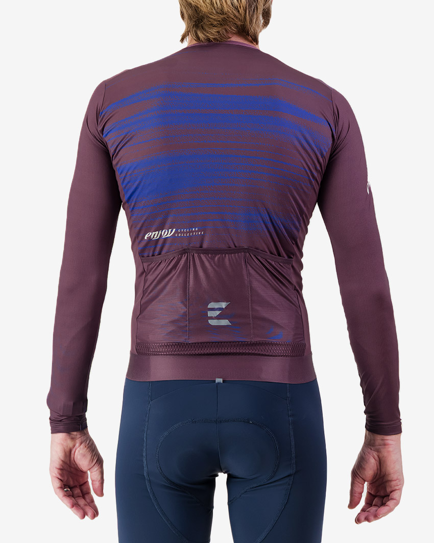 Back view of the ProXision men's long sleeve cycling jersey in a purple colour way by Enjoy.cc