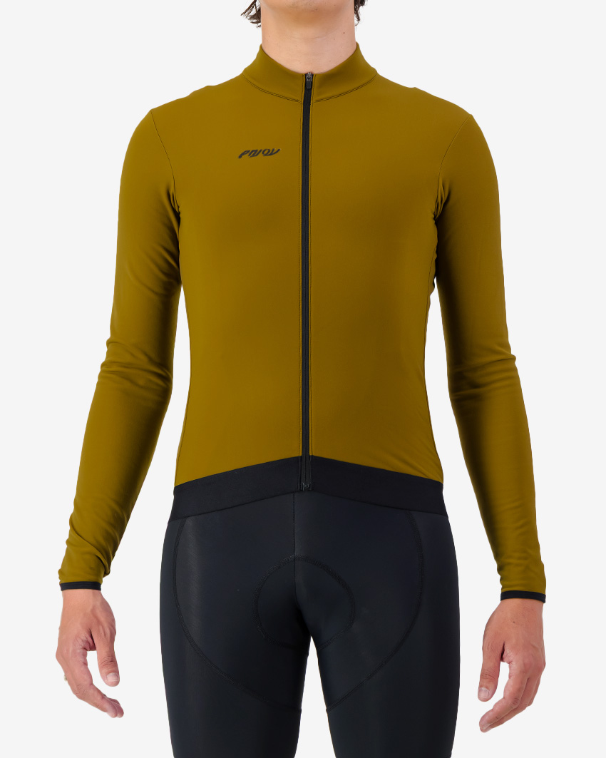 Mens-Fleeced-Cycling-Jersey-Race-Cumin-Front-2 Front view of the Men's thermal race long sleeve jersey in a fresh Cumin colour way by Enjoy.cc