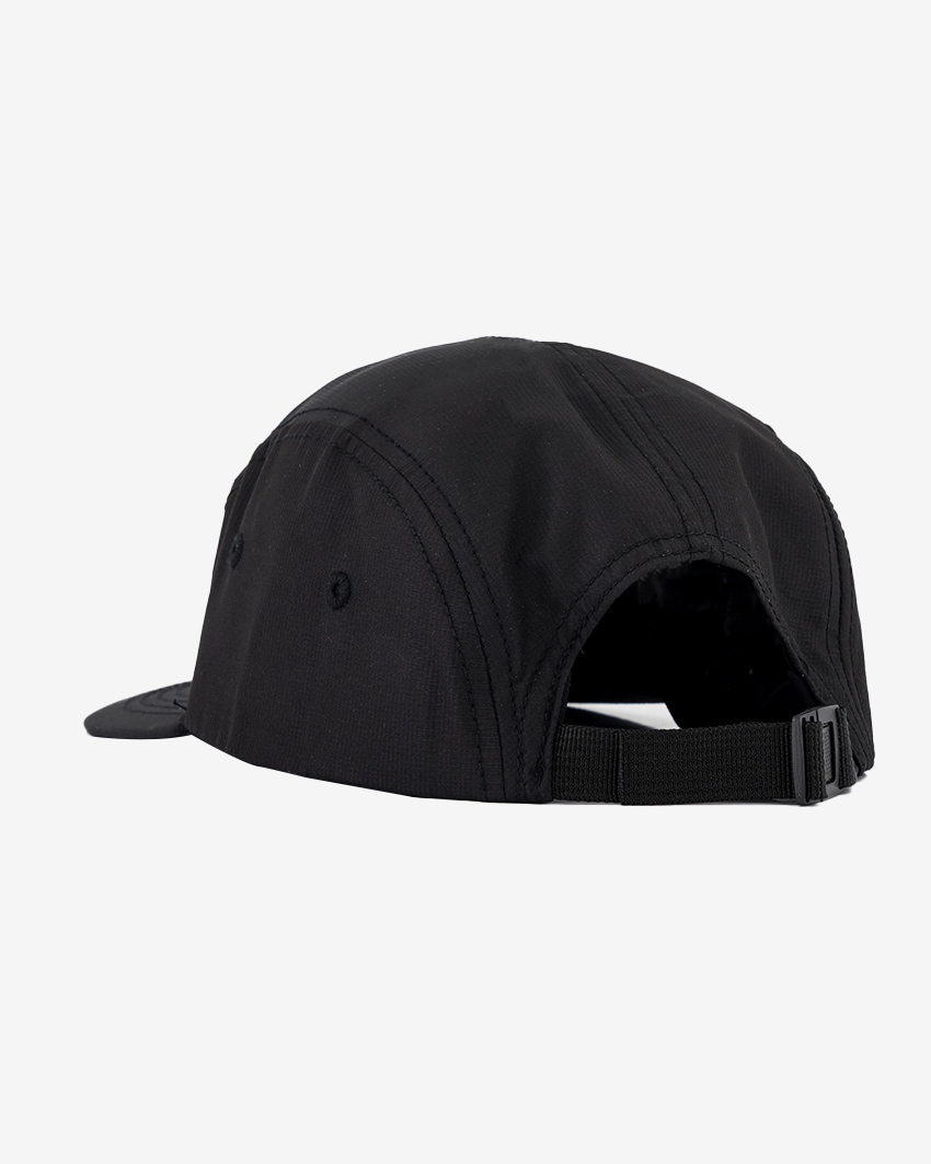 Back view of the unisex U-Flex 5 Panel Ripstop cap in Black with olive branding by Enjoy.cc