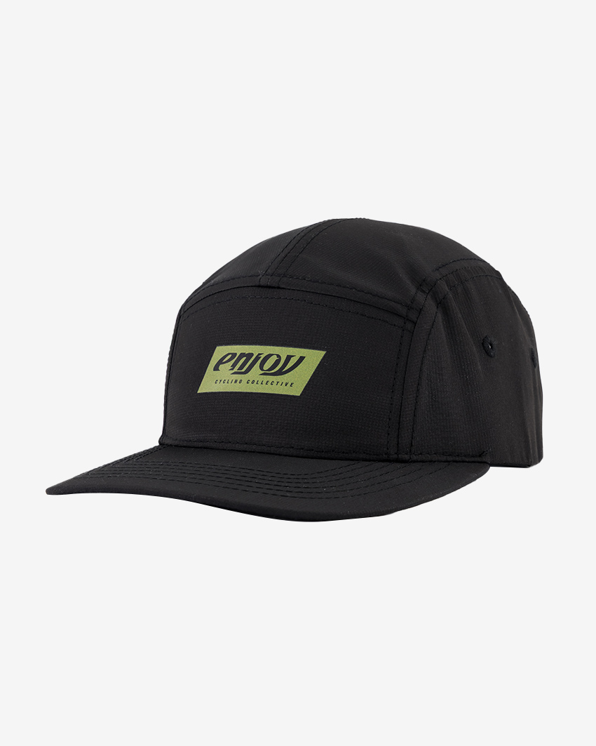Side view of the unisex U-Flex 5 Panel Ripstop cap in Black with olive branding by Enjoy.cc