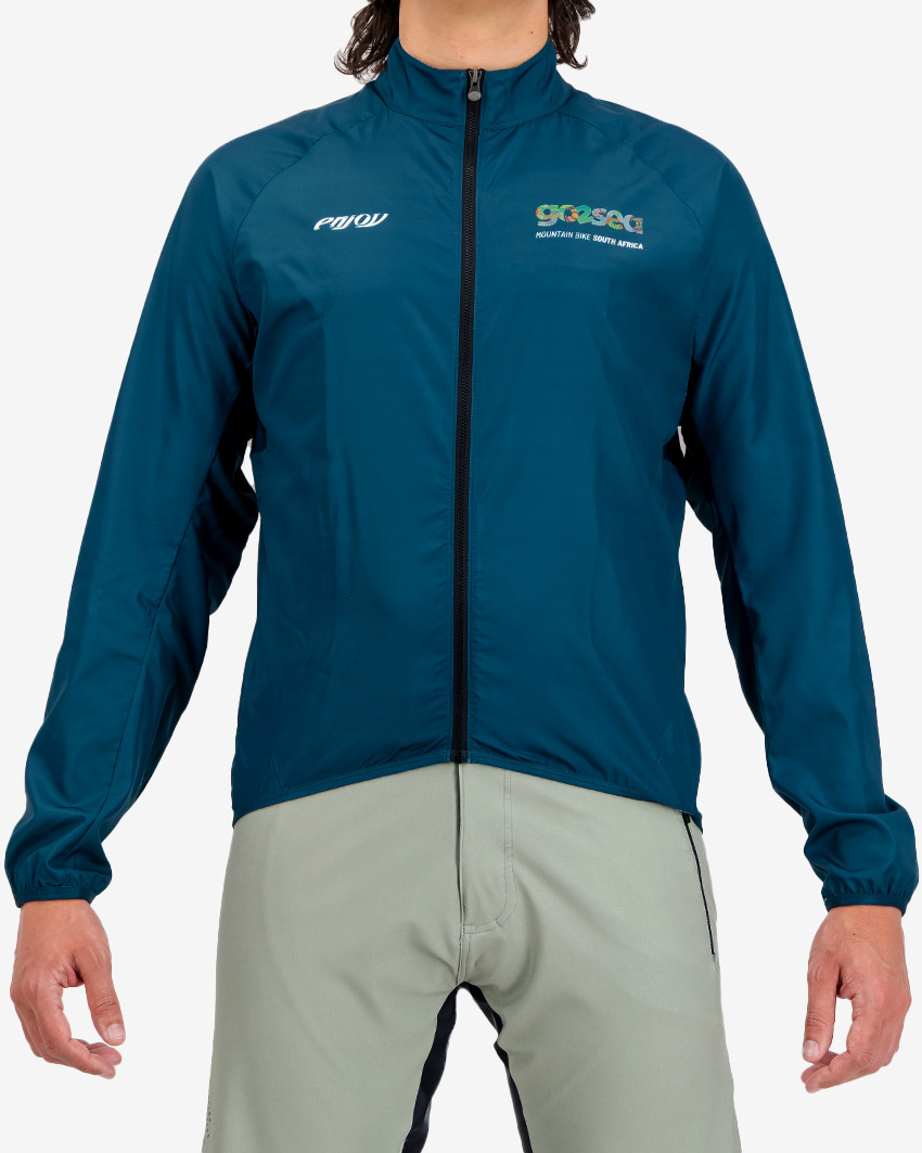 Mens-Cycling-Jacket-Atom-Go2Sea-Front-2 Front view of the Enjoy Atom men's cycling jacket in the 2026 Go2Sea design. Part of the 2026 Go2Sea event apparel range designed and made by Enjoy.cc