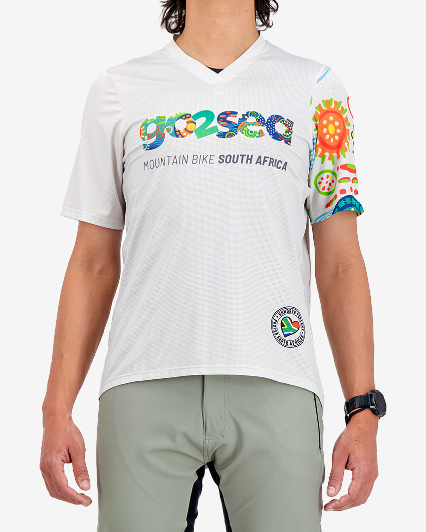 Mens-Trail-Tee-Go2Sea-Front Front view of the Enjoy men's trail tee in the 2026 Go2Sea design made by Enjoy.cc