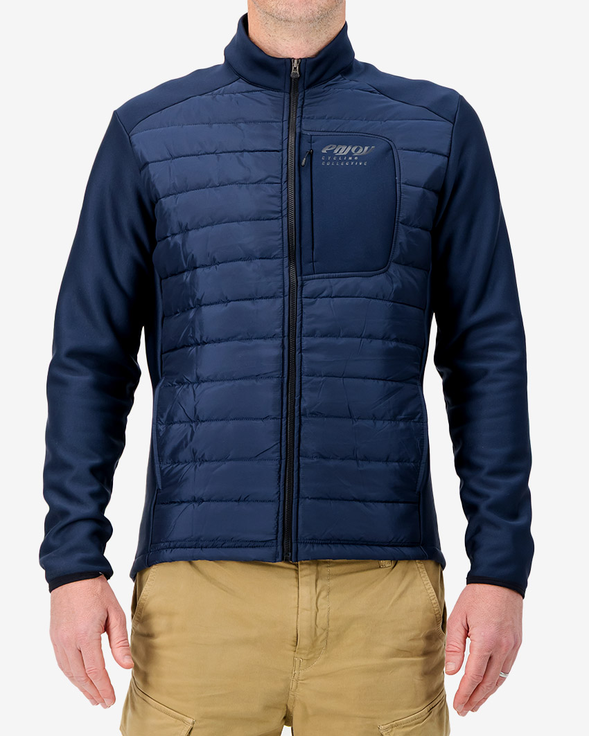 Mens-Hybrid-Jacket-Navy-Front Front view of the men's hybrid lifestyle jacket in navy, made by enjoy.cc