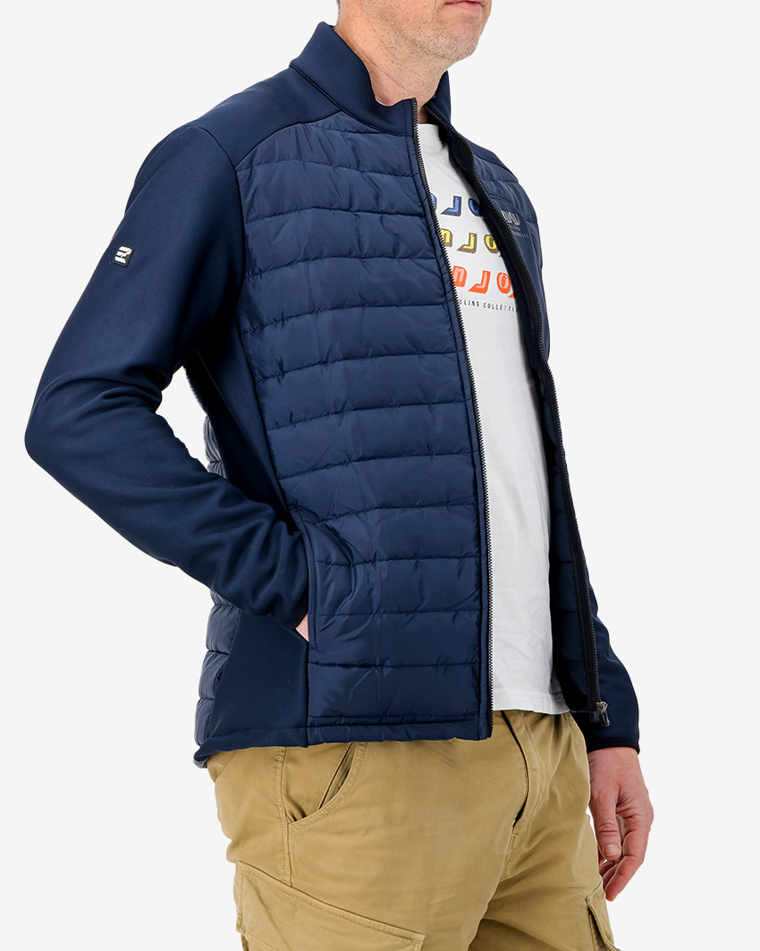 Side view of the men's hybrid lifestyle jacket in navy, made by enjoy.cc