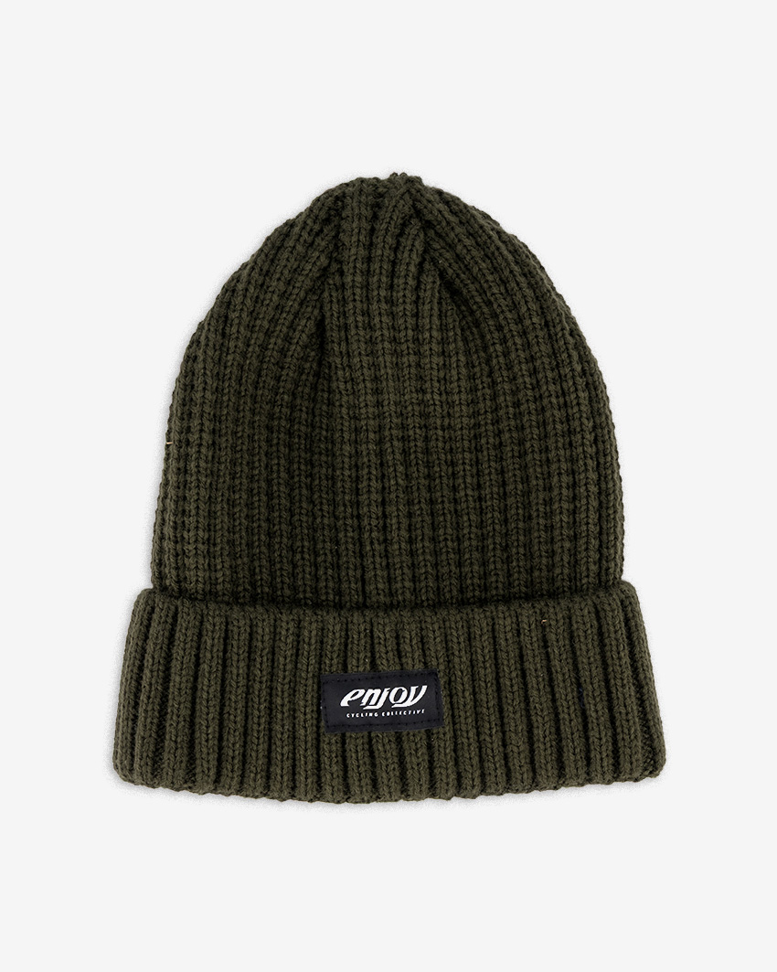 Unisex-Beanie-Ribbed-Forest-Front Top view of the Enjoy ribbed knitted beanie in Forest with black and white branding.