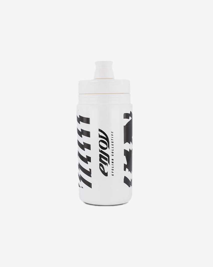 Back view of the Enjoy bidon cycling water bottle in white with white cap and black branding.