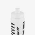 Top view of the Enjoy bidon cycling water bottle in white with white cap and black branding.