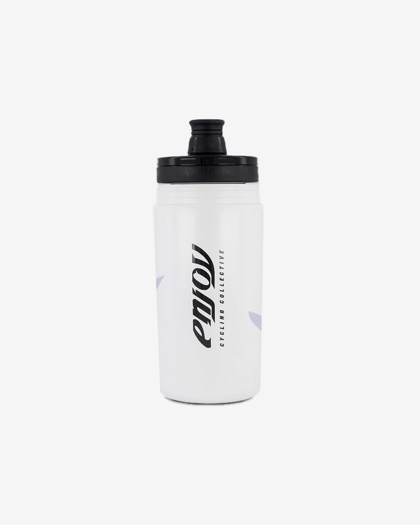 Back view of the Enjoy bidon cycling water bottle in white with black cap and purple branding.