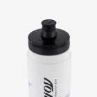 Top view of the Enjoy bidon cycling water bottle in white with black cap and purple branding.